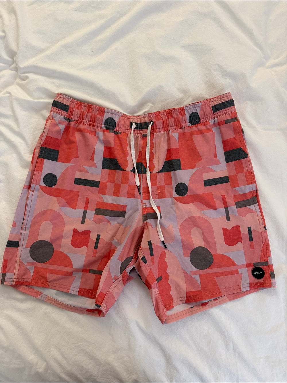 RVCA Men’s Coral & Black Geometric Swim Trunks Medium